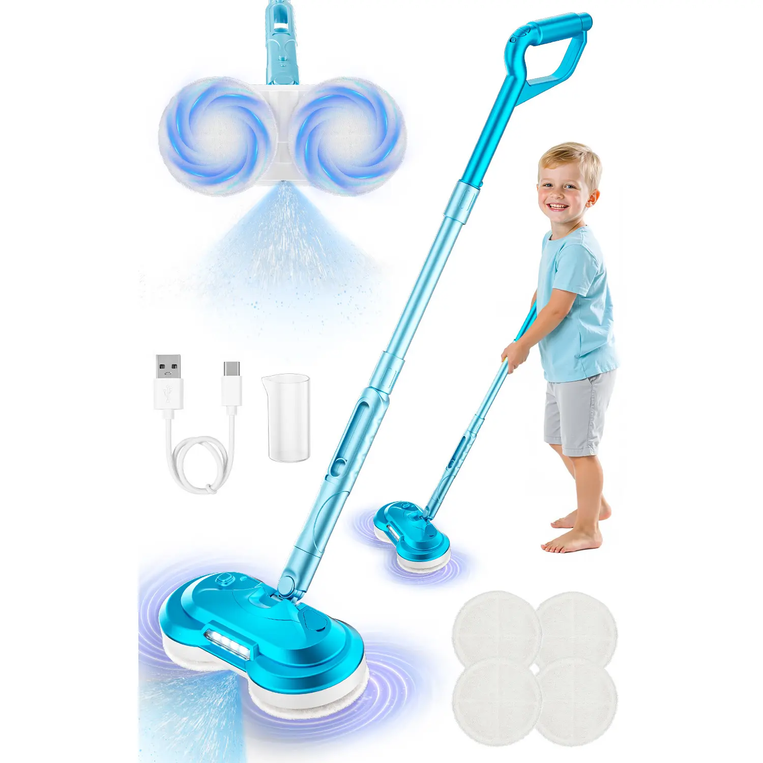 Pretend Play Electric Spray Toy Set - Multifunction Cleaner with Real Water Spray, LED Lights, Power-Driven Spinning Dual Heads, Cleaning Brush, Compact, Durable, Mini Squeeze Mop & Broom, Multi-Surface Use, Christmas Gift, Power Cells
