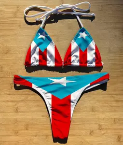 Puerto Rico Flag Bikini 2 Piece Set – Puerto Rico Inspired Triangle String Tie Top, Thong Cheeky or Full Coverage Bottom, Boricua Summer Swimwear