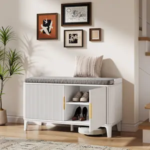 39.4" Fluted Shoe Cabinet Storage with Bench, 2-Tier Entryway Bench with Adjustable Shelves and Detachable Cushioned Seat, Shoe Organizer Bench Cabinet for Entryway, Living Room, Hallway - Natural