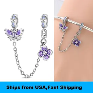 Safety Chain Charm 925 Sterling Silver Butterfly Bead for Charm Bracelet