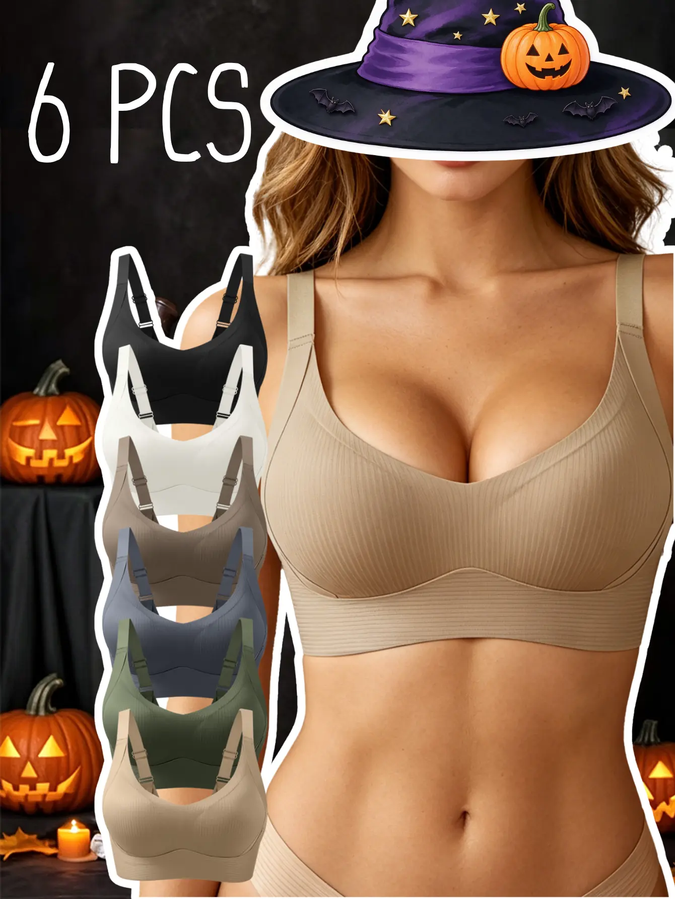 6 Pcs Women's Push Up Bras - Seamless Built-In Padded Bralettes, Wide Straps, Fixed Cups, Side Breast Coverage, Ultra-Soft Support, Breathable No Underwire Casual Bralettes for Everyday Wear elegant plain style, Soft, comfy, la calabaza halloween