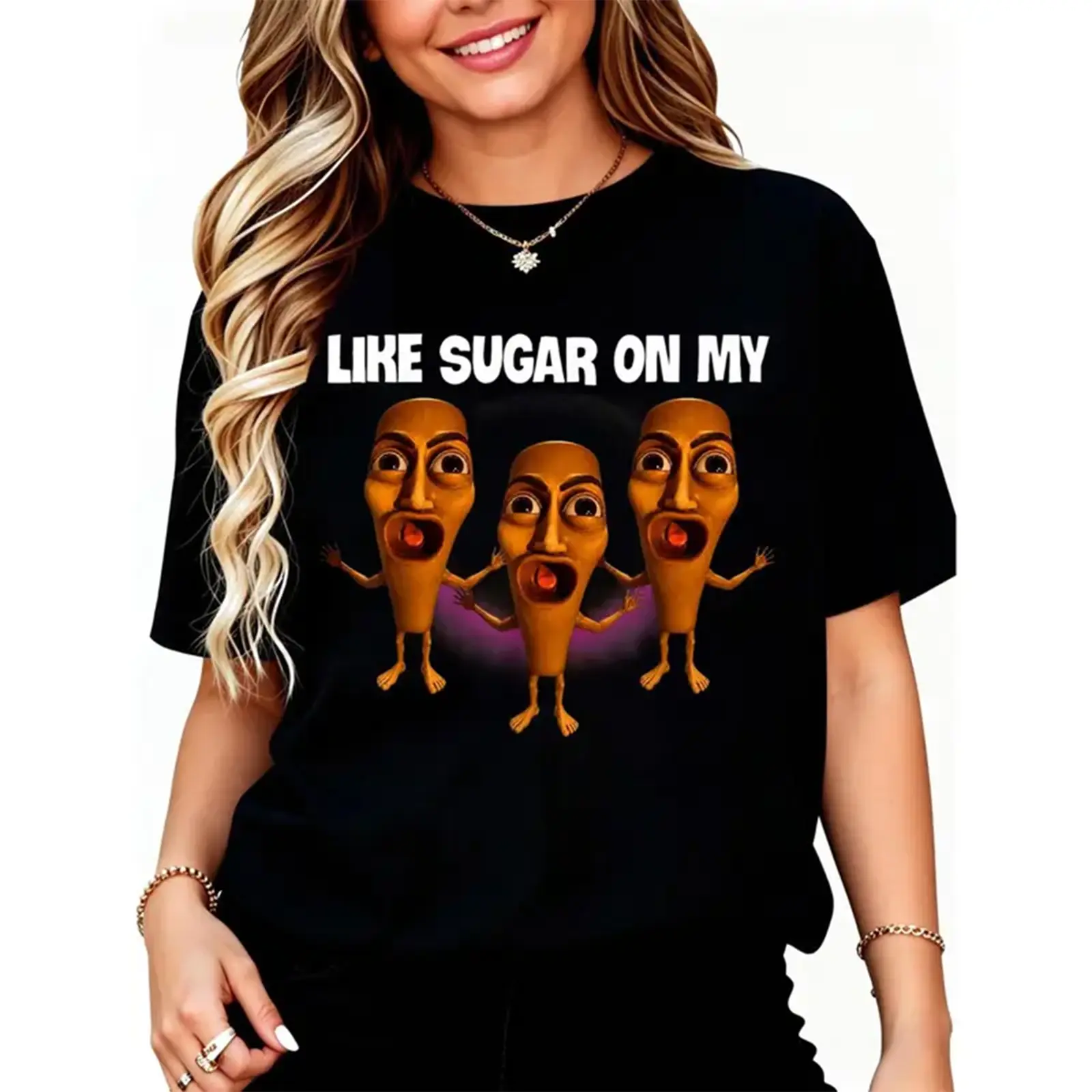 Premium Soft Cotton Unisex Like Sugar On My Cartoon Human Hot Dog Crew Neck Graphic Tee