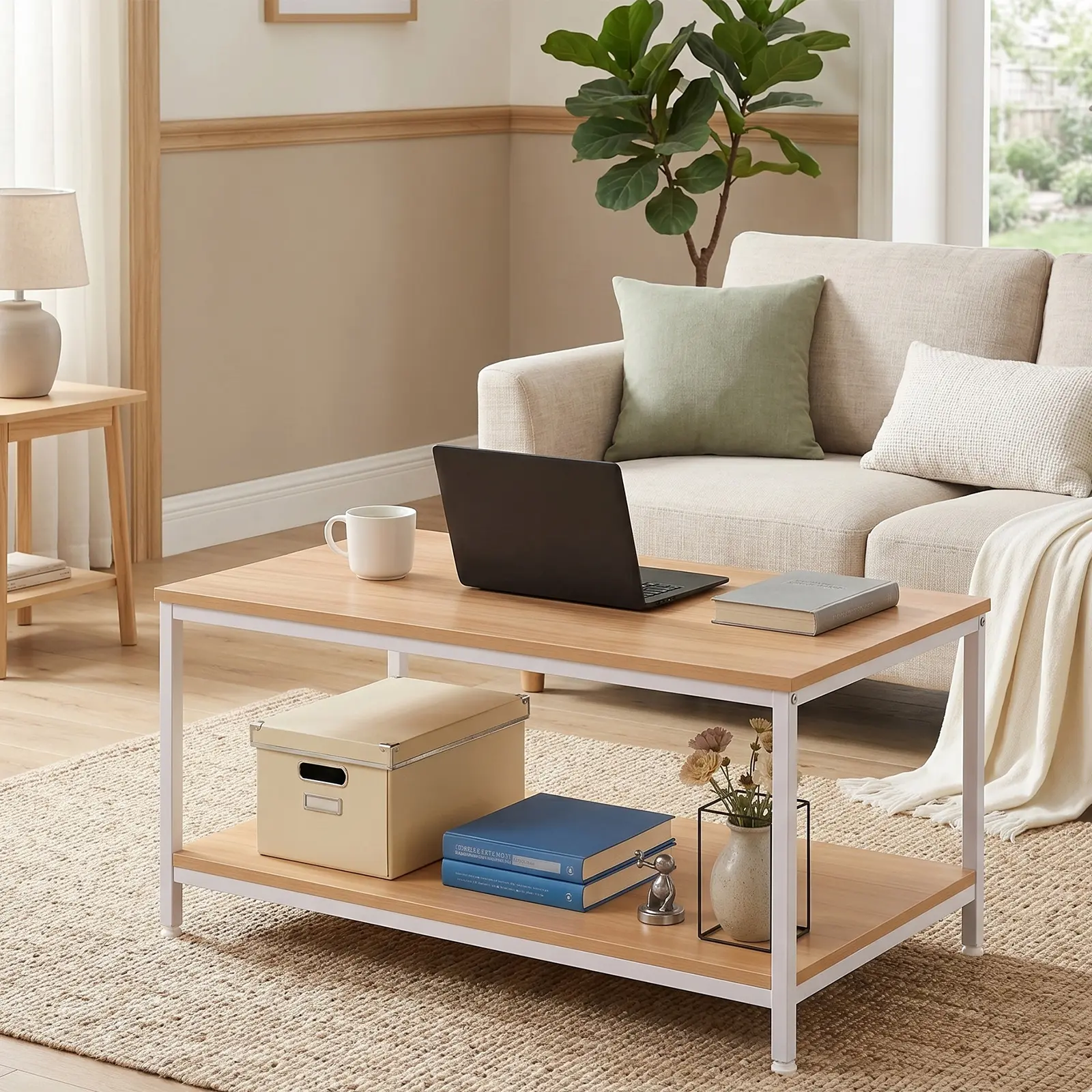 ZENSTYLE 2-Tier Modern Industrial Console Table - MDF Wood Rectangular, 16.5" height fits, 27.8lb, 44lb, Antiskid Footing, Floor-safe Pads, Coffee Table Alternative, Living Room Furniture with Storage Shelf, Small Space TV Stand