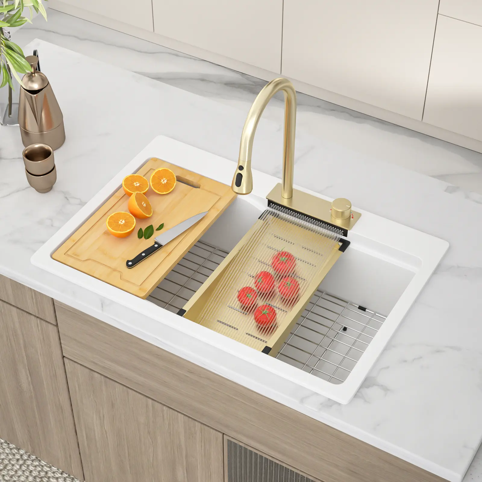 Logmey 33"x22"  Waterfall Quartz Kitchen Sink Single Bowl Granite Composite Sink Workstation Kitchen Sink with Pull-Out Faucet, Home Improvement Finds,dream kitchen ideas