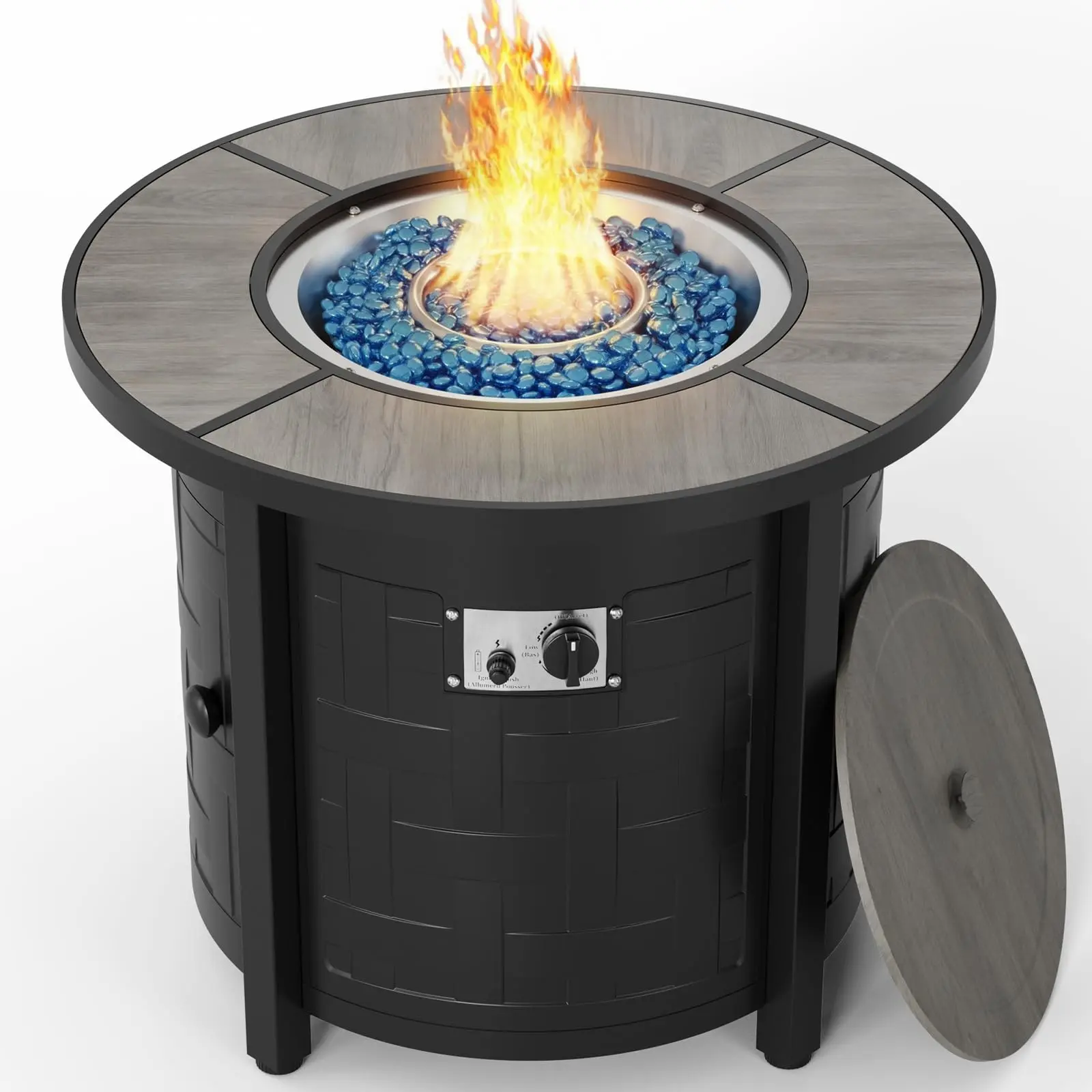 LIFERUN 30/42-in Round Heavy-Duty Metal Fire Pit Table, 50000 BTU 2-in-1 Stainless Steel Burner Firepit with Lid, Hidden Storage, Waterproof Cover, Blue Fire Glass, Converts to Patio Coffee Table for Deck/Backyard
