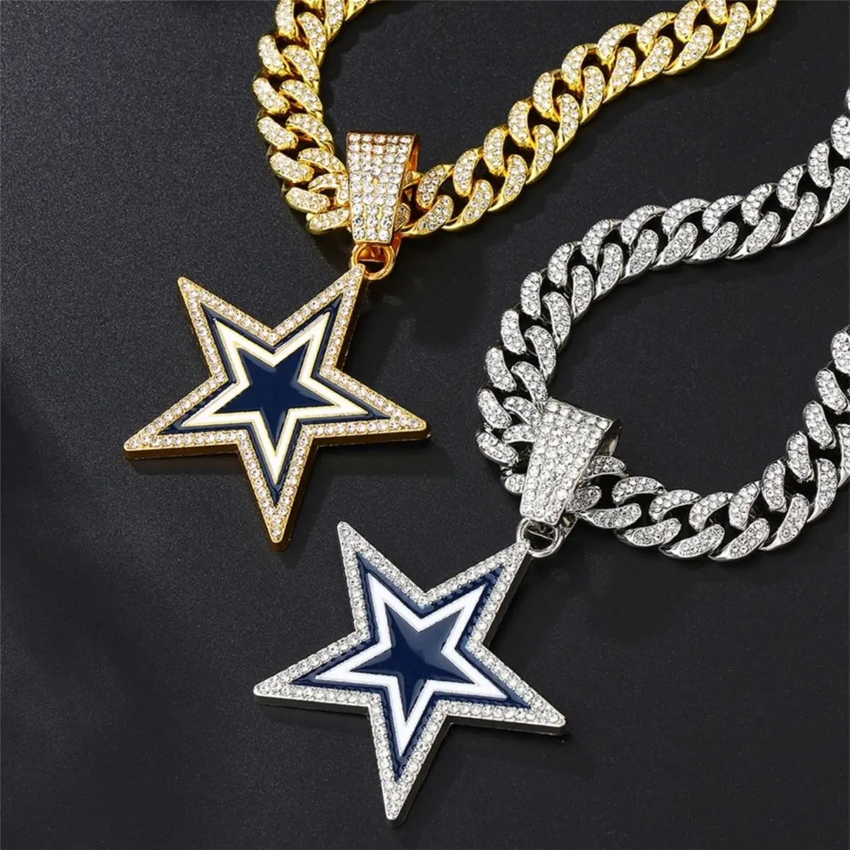 HIP HOP Iced Out Five-pointed Star Cuban Link Chain Necklaces For Men's Women Rapper Jewelry,fashion blue necklace personality hip-hop pendant single pendant, Glittering Bling Hip Hop Unisex Necklace for Trendsetters