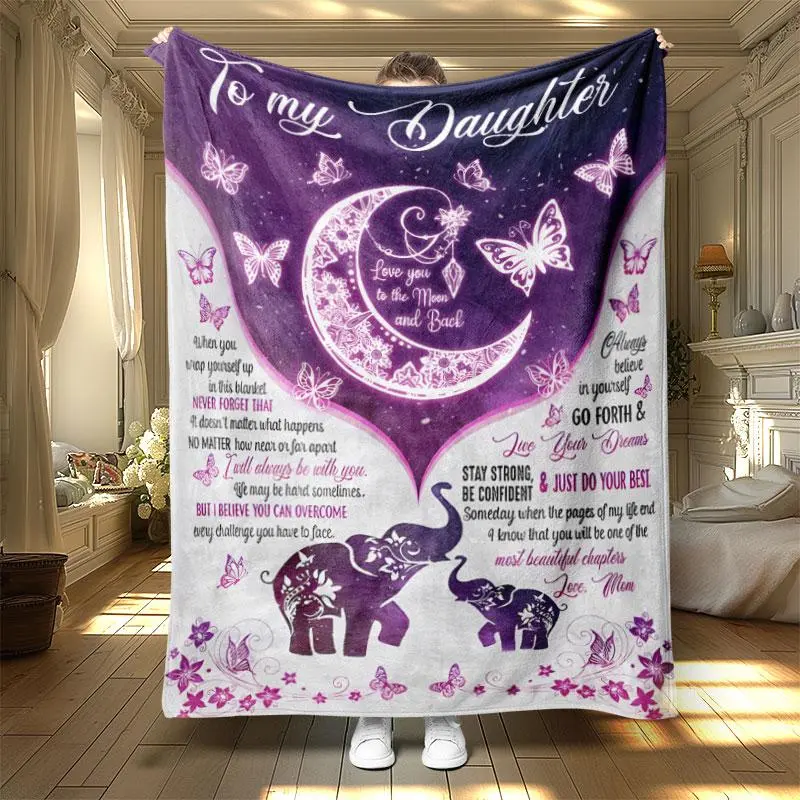 Soft Throw Blanket, 1 Count Letter & Elephant & Moon Pattern Plush Blanket, Air-conditioned Room Blanket, Warm Nap Blanket for Home & Office, Gift for Daughter