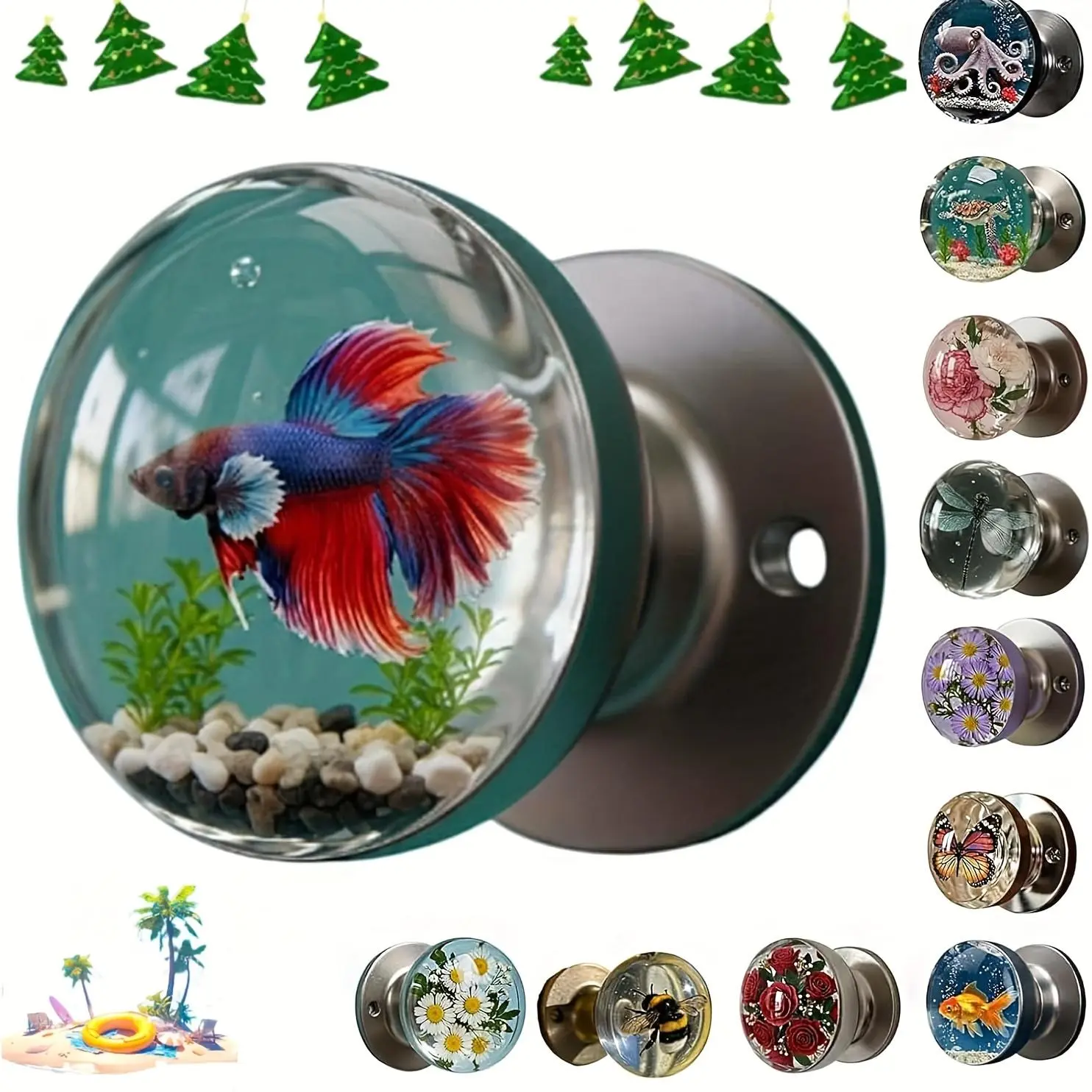 Retro Round Resin Door Handle, Realistic Fish & Floral Design, Crystal Transparent Spherical Handle, Artistic Natural Style Decoration for Bedrooms, Cabinets, Hanging Doors