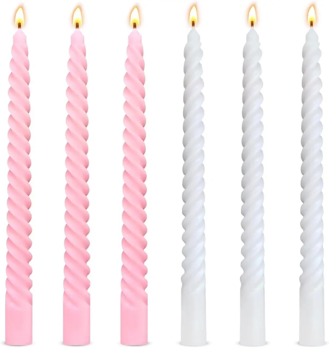 10 Inch 3 Pink & 3 White Spiral Taper Candle Set, Unscented Dripless Candlesticks for Wedding, Holiday Decor, and Festive Dinners