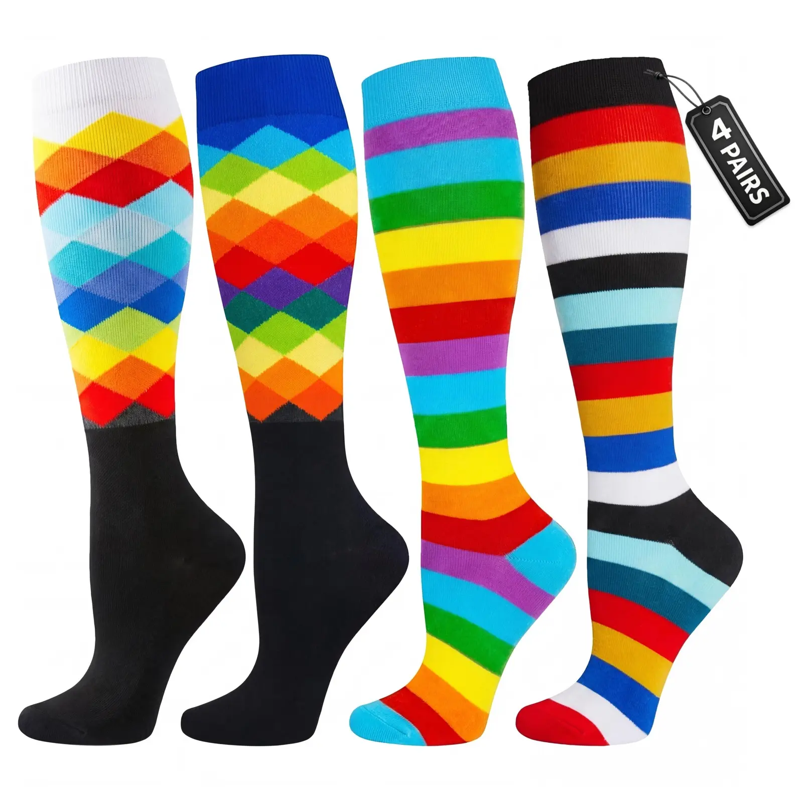 Compression Socks 4 Pairs for Men & Women, 15–20 mmHg Below-Knee Support Socks with Arch Support for Work, Travel, Walking, Office, Nursing & Daily Comfort