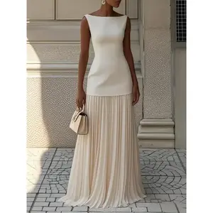 Elegant sleeveless pleated long dress with a boat neck and flowing hem design, suitable for formal events and dinners. Available in multiple colors and sizes, including cream colored formal evening gown, beige wedding chic round neck polyester women's wor