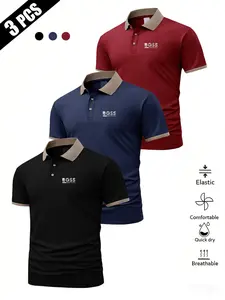 Men's Summer Bqss Letter Print Short Sleeve Polo Shirt, Breathable Comfort Business Casual Golf Wear, Multi-Color Sportswear