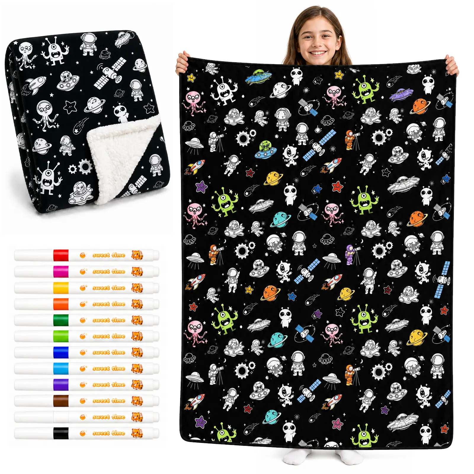 Adult Coloring Blanket with 12 Fabric Markers, 50 x 58 Inch Washable Dinosaur Doodle Blanket, Smudge-Resistant Oxford Fabric with Soft Sherpa Fleece, DIY Creative Gift