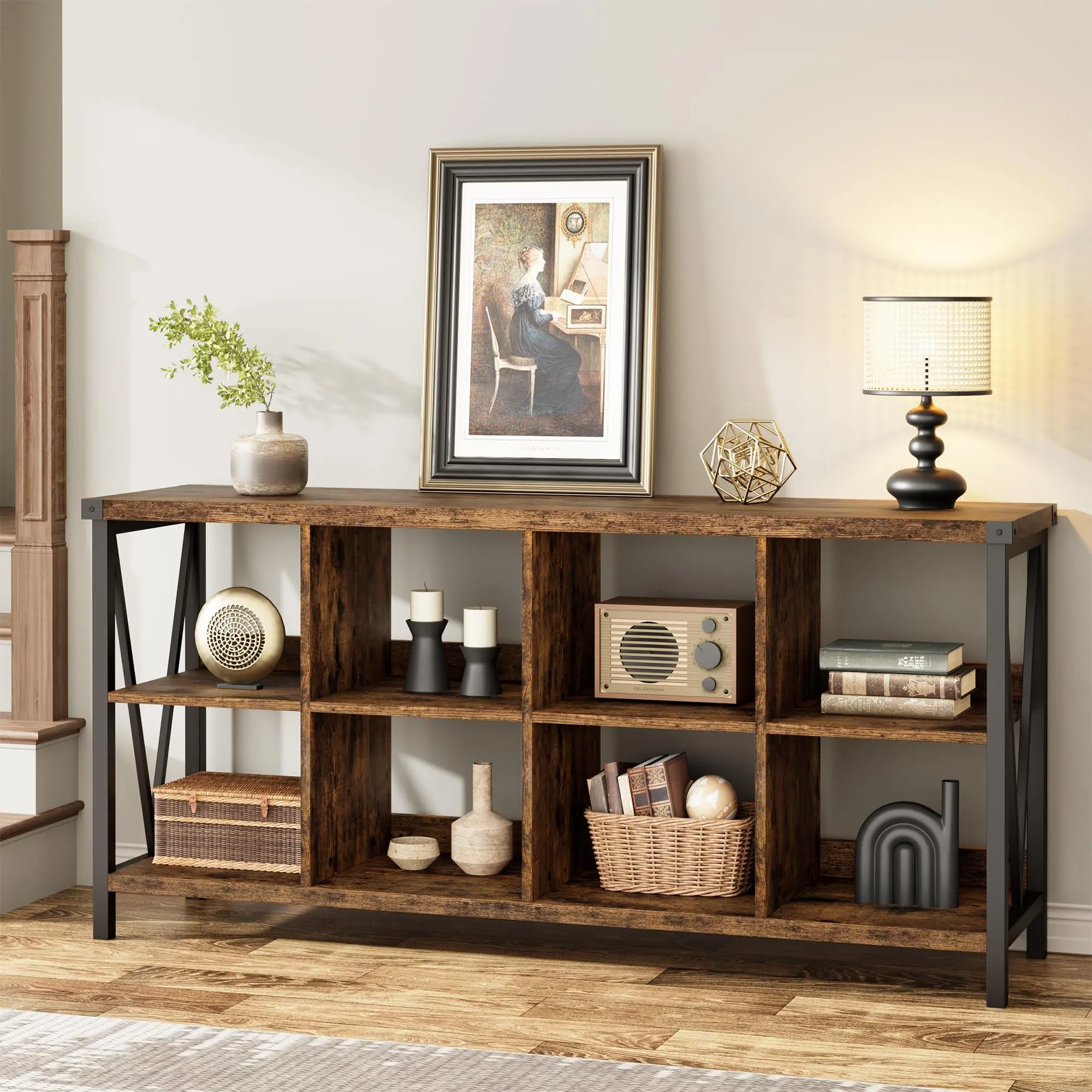 8 Cube Storage Organizer Bookshelf, 3 Tier Metal Horizontal Bookcase, 62 in Console Bookshelf, Industrial Storage Bookcase for Entryway, Long Low Bookshelves for Living Room-Retro Brown