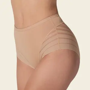 Leonisa High Waisted Invisible Tummy Control Shapewear for Women - Stripe Undetectable Lace Ladies Underwear Panties Flat Leg