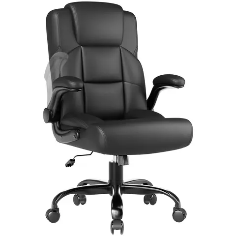 JONPONY Sturdy Leather Swivel Upholstered Desk Chair - Big & Tall 400LBS Wide Seat, Adjustable Reclining Angle, Ergonomic High Backrest, Lumbar Support, Flip-Up Feature, Adjustable Task Chair, Assembly Required, 1-Year Warranty, Black
