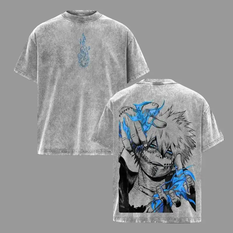 Menswear Men's Short-Sleeve Dabi Graphic Tee - My Hero Academia Villain Top, Blue Flame Oversized Washed Manga Shirt, Retro Japanese Streetwear Gift for MHA Fans, Shortsleeve, Graphic Tees, Graphic Print