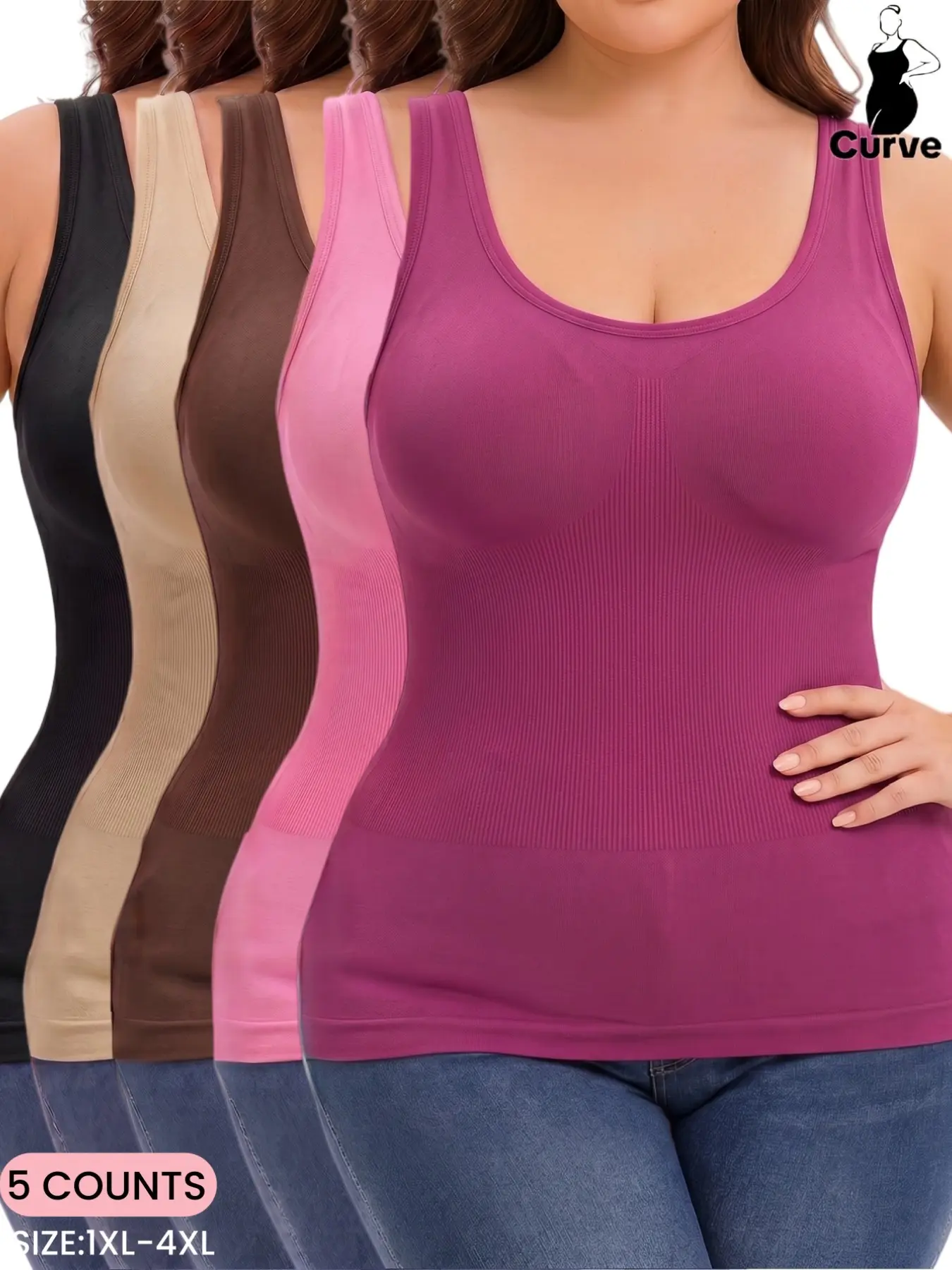 Plus Size Women's Seamless Slimming Shapewear Cami Top, Soft Stretchy Wide Strap Body Shaper Vest Tank Top, Versatile Multi-Color, Everyday Wear, All Seasons