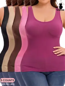 PLUS SIZE Women's Seamless Slim Cami Top, Soft Comfortable Stretchy Wide Strap Shapewear Tanks, Basic Vest,Versatile Multi-Color Top,Everyday Wear,All Seasons