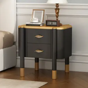 Antique Bronze & Black 2-Drawer Nightstand - French-Inspired Wooden Bedside Table with Feather Metal Handles, High-Leg End Table for Bedroom, Living Room