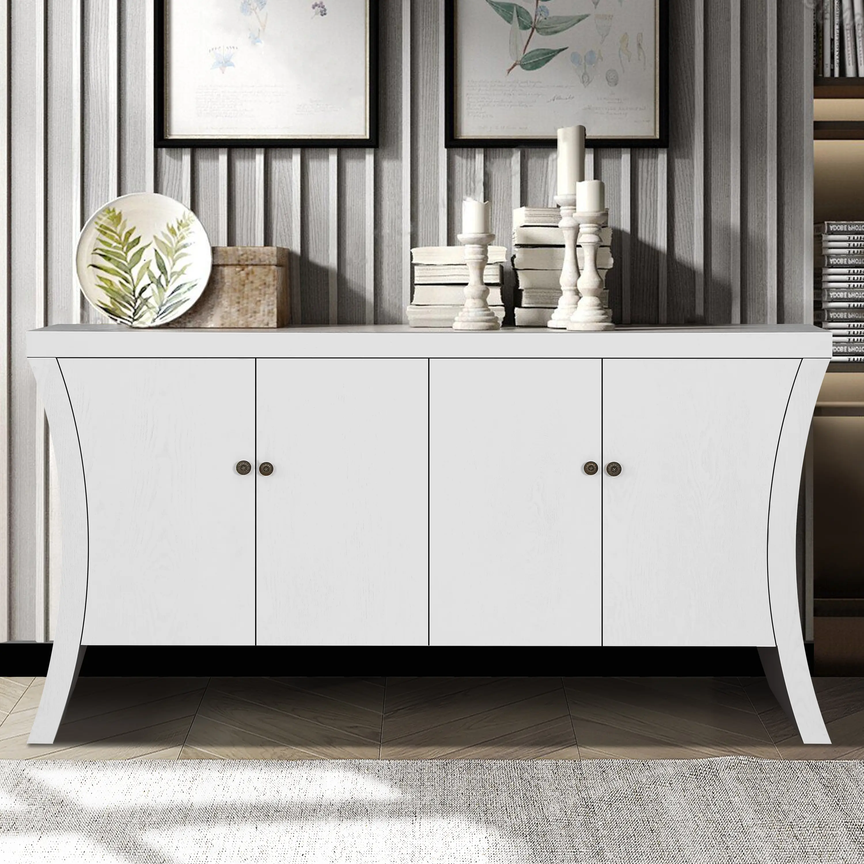 YYDS Mall Retro Industrial Modern 4-Door MDF Credenza for Living Room - Stable MDF Body, Sturdy Metal Arc Legs, Bronze-Tone Clasps, Solid Craftsmanship, White, Assembly Required