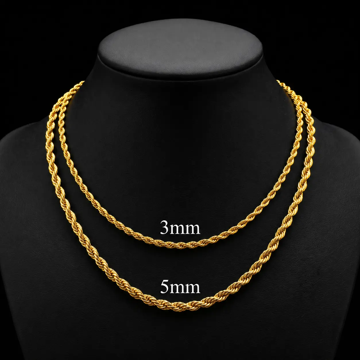Twisted Rope Chain Necklace 3/5mm 18-26 Inch, 18K Gold Plated Stainless Steel Anti Tarnish Waterproof Unisex Hip Hop Braided Link Chain, Men Women Layering Everyday Street Fashion Jewelry, Ideal Gift for Him Her