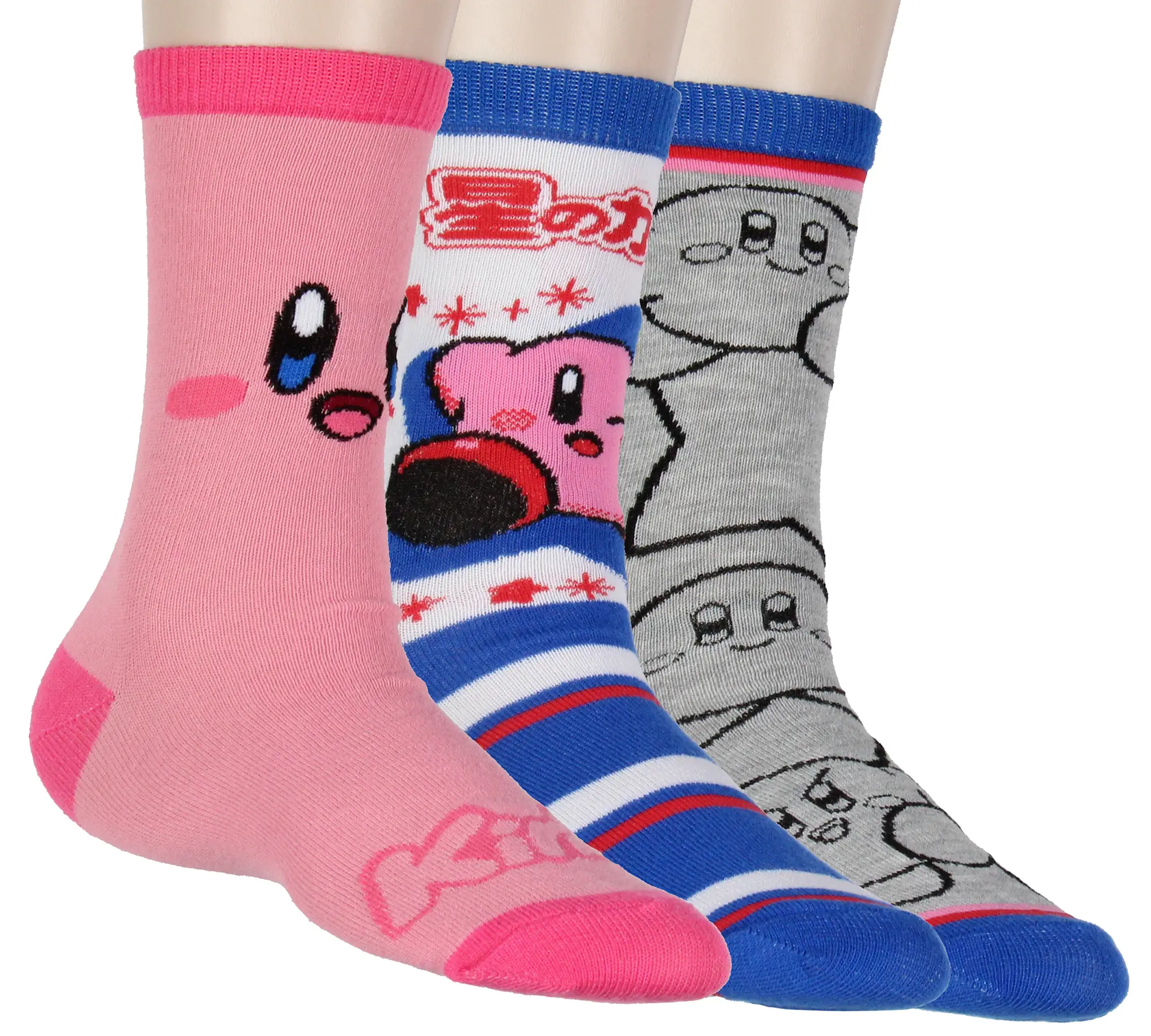 Nintendo Kirby Women's 3-Pack Character Design Adult Anime Mid-Calf Crew Socks Fits Sock Size 9-11, Cute, Vibe, Stripe