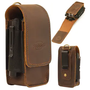 Nutuch Brown Leather EDC Multitool Sheath with Flip Closure | Premium Heavy Duty Grain Leather | 3 Pockets | Flashlight Holster | Belt Organizer | Ideal Gift for Men