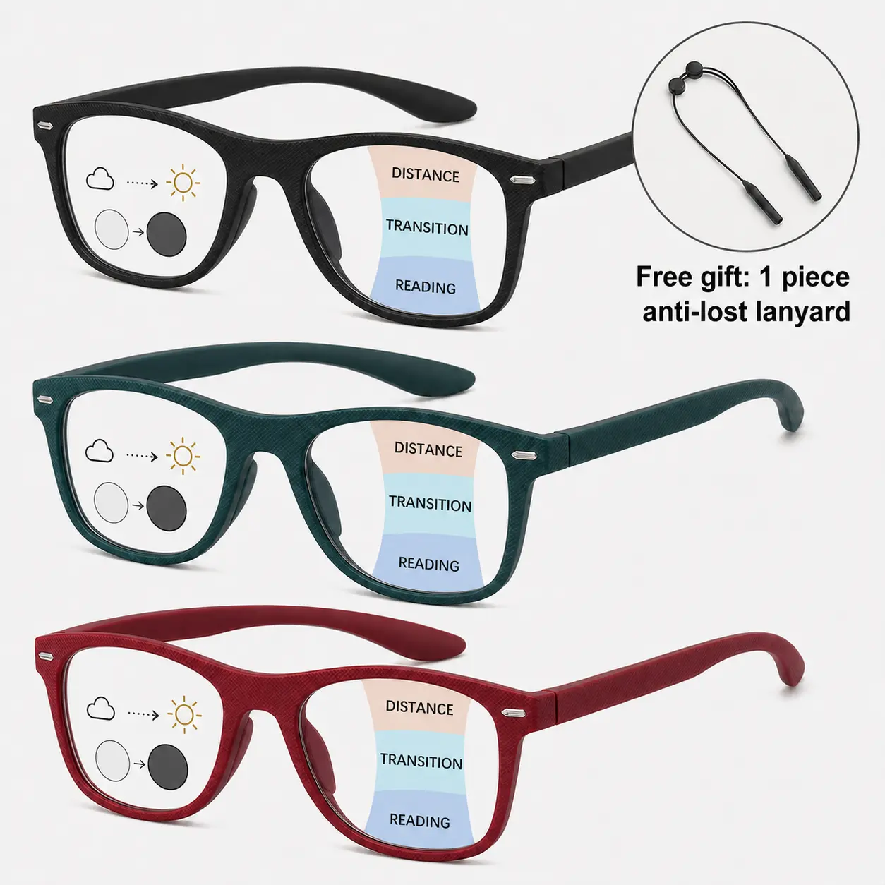 ViewSelect Progressive Multifocal Reading Glasses, Photochromic Blue Light Blocking Readers, Light-Adaptive No-Line Multifocal Eyewear with Free Anti-Lost Lanyard, Lightweight Everyday Glasses