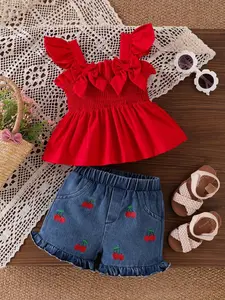 Baby Girl Sweet & Spicy Style 2-Piece Set, Backless Ruched Double Bow Sleeveless Top + Cherry Embroidery Denim Shorts, Infant Fashion