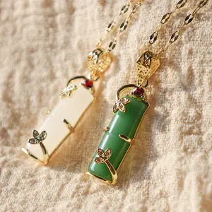 Flash & Finesse White Green Jade BuddhaStone Pendant with Bamboo Pattern, Women's Empowering All-Match Costume Jewelry, Christmas Festival OOTD Gift