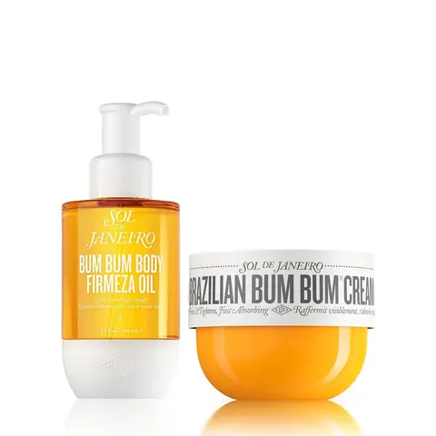 Sol de Janeiro Bum Bum Body Bundle | Depuffing & Nourishing Bum Bum Body Firmeza Oil And Visibly Tightening Brazilian Bum Bum Cream. Pistachio, Salted Caramel, and Vanilla Scented Body Care Routine.