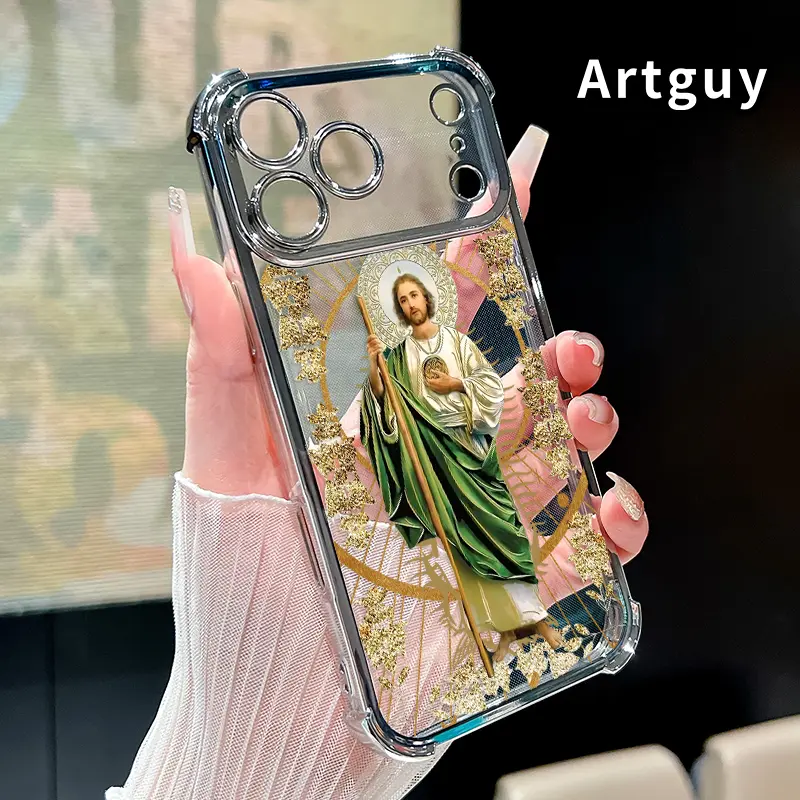 Saintly Radiant Guardian Pattern Four Corner Anti-Fall Phone Case Transparent Electroplated Protective Cover for iPhone 17 Pro Max 16 Air 15 Plus 14 13 12 11 E