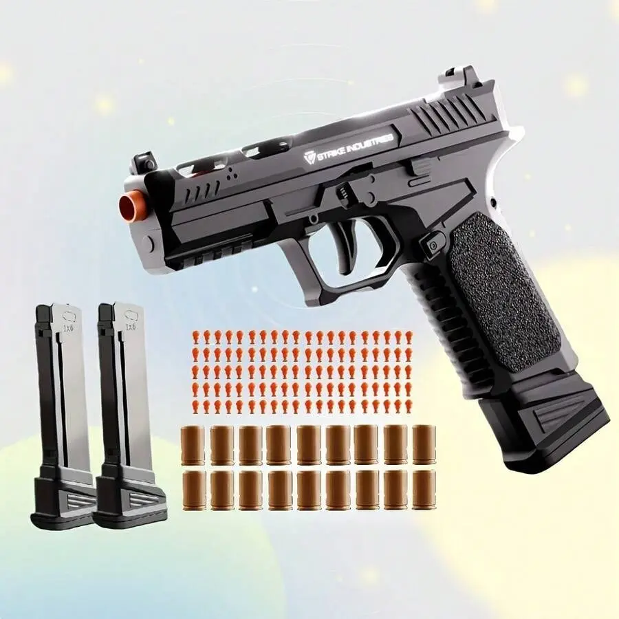 Soft Foam Bullet Pistol Toy with Shell Ejection Feature, Includes 12 Casings, 120 Foam Rounds & 2 Reload Magazines, Rapid Fire Action Blaster for Outdoor Shooting Games