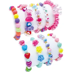 L-HBL009 9 PCS Cute adults and Kids Bracelets for Girls Pink LOVE Beaded Bracelets Little Girls Costume Jewelry Princess Party Favors Pretend Play Birthday Easter Christmas Valentines Toddler Jewelry