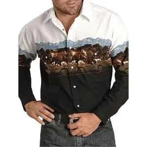 baggy singlet Men's Fashion Printed Shirt with Running Horse Design, Casual Long Sleeve Collared Top for All Seasons, Ideal for Christmas and Halloween Parties, Party, Outdoor, Daily Festival