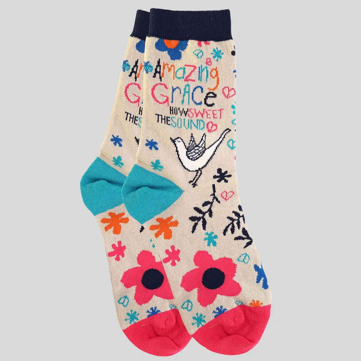 Ladies' Amazing Grace Crew Socks with Christian Dove Print, Casual Polyamide Elastane Blend with Religious Grace Quote, Celebrate God’s Grace