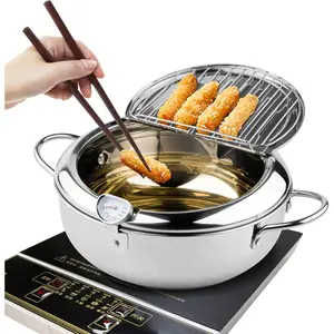 Deep Fryer Pot, 11 Inch/4.2 L Janpanese Style Tempura Frying Pot with Lid, 304 Stainless Steel with Temperature Control and Oil Drip Drainer Rack, for Kitchen French Fries, Chicken etc