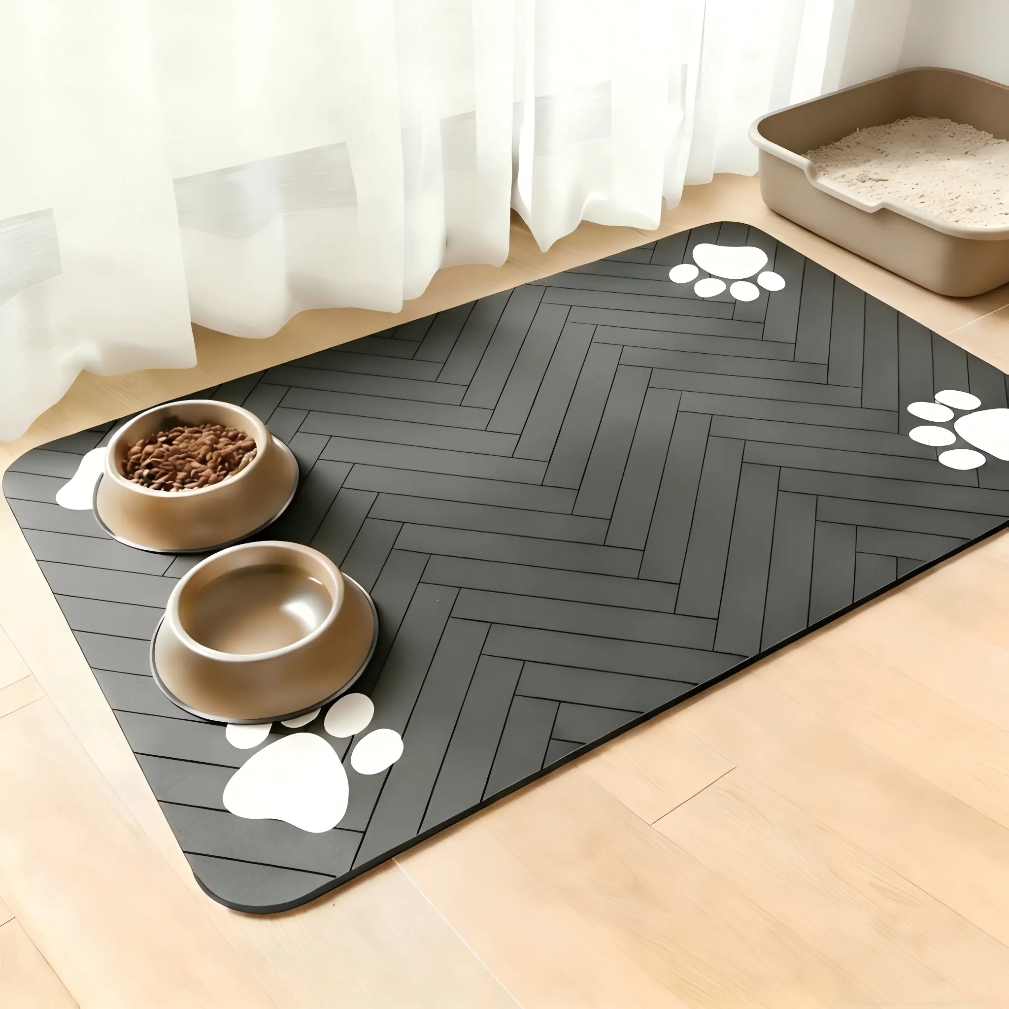 Quick-Drying Absorbent Pet Feeding Mat for Dogs and Cats, Non-Slip Rubber Bottom, Dark Polyester Surface for Indoor Use
