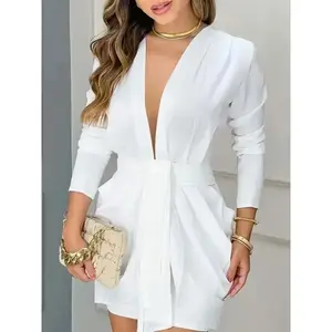 Elegant White V-Neck Pencil Dress for Women - Chic Casual Solid Color with Cinched Waist & Flowing Hem, Polyester & Spandex Blend, Machine Washable Fabric Formal Womenswear Basic