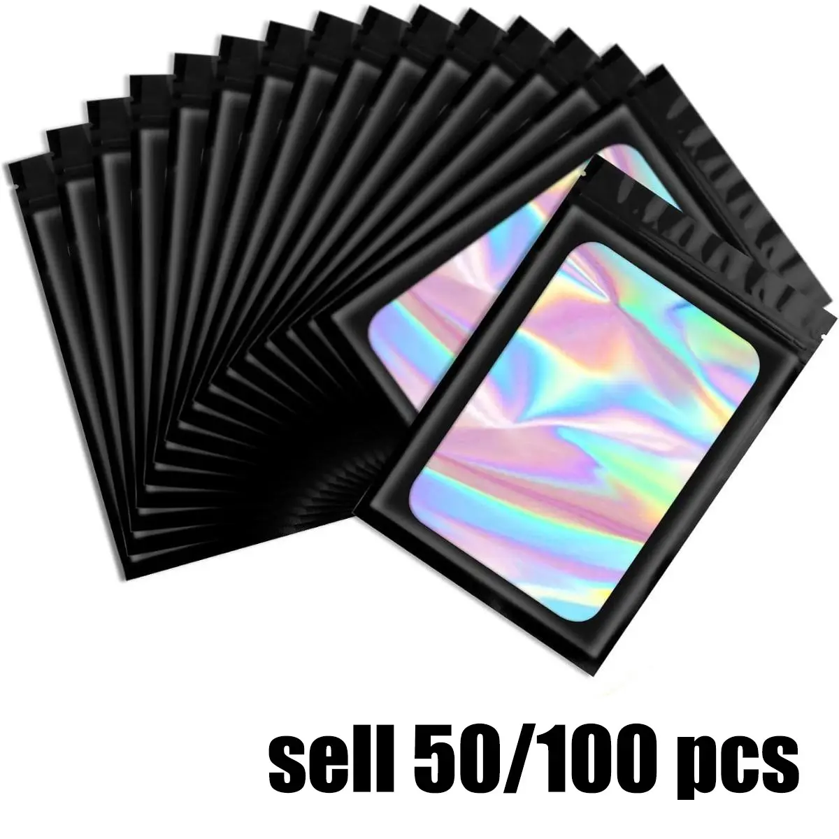 50 or 100 Black Polyester Film Holographic Bag Packages, Transparent Reusable Clear Plastic Sealed Bags, Resealable Bags, Sealing Storage Bags, Storage Pouch, Used for Storing Food and Lipsticks, Jewelry, and Mascara Packaging.