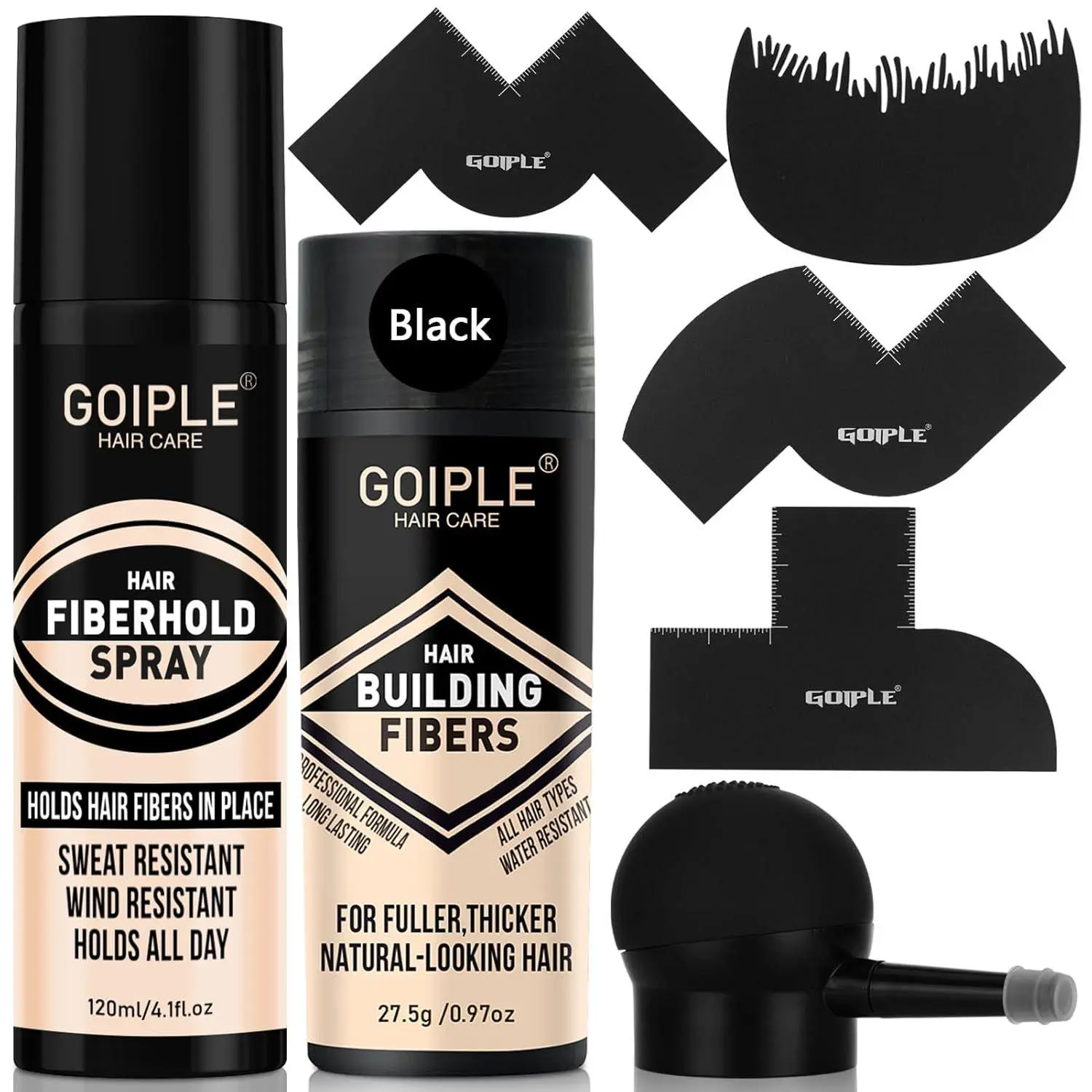 【Deals for You days】4-in-1 Hair & Beard Styling Set with Hair Fiber & Pump Dispenser & Application Card – Enhancements Barber Spray Volumizing Water Proof (Black)