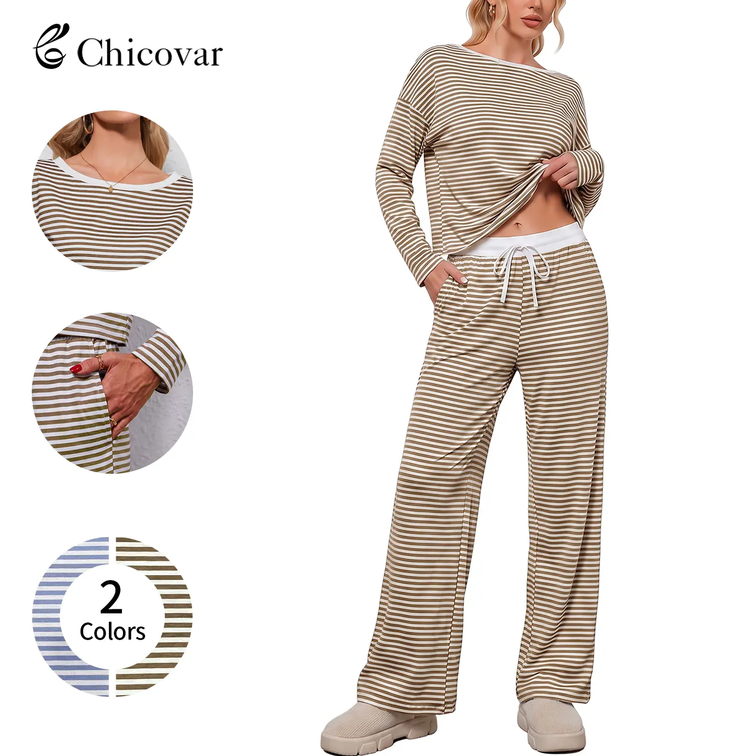 Chicovar Women's 2-Piece Striped Lounge Set - Long Sleeve Crew Neck Top, Wide Leg Pants with Drawstring Elastic Waist, Soft Matching Casual Outfit for Home, Travel, Daily Wear