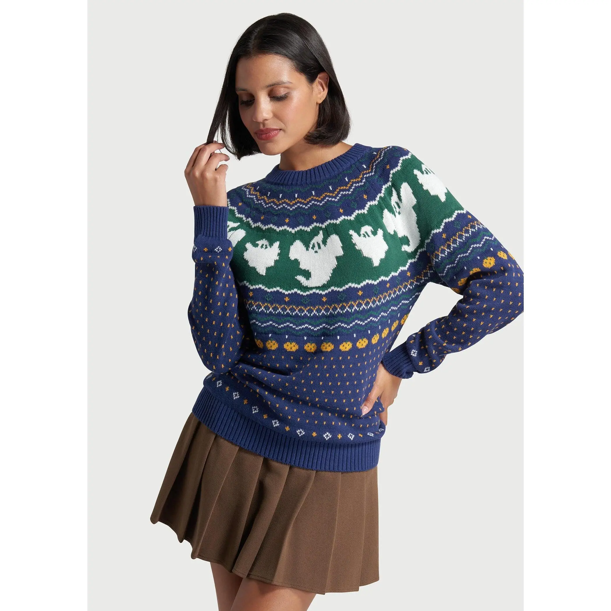 ModCloth Happy Hauntings Fair Isle Sweater 100% Cotton Knit Navy Blue Ghost Print (XS-4X) Long Sleeve Halloween