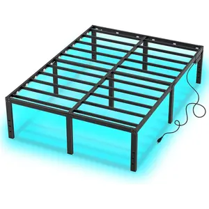 Full Size Bed Frame with LED Lights 14 Inch Platform Bed Frame Full with  Station Black Metal Mattress Foundation no Box Spring Needed Led Bed with Storage Space (14 Inch, Full)