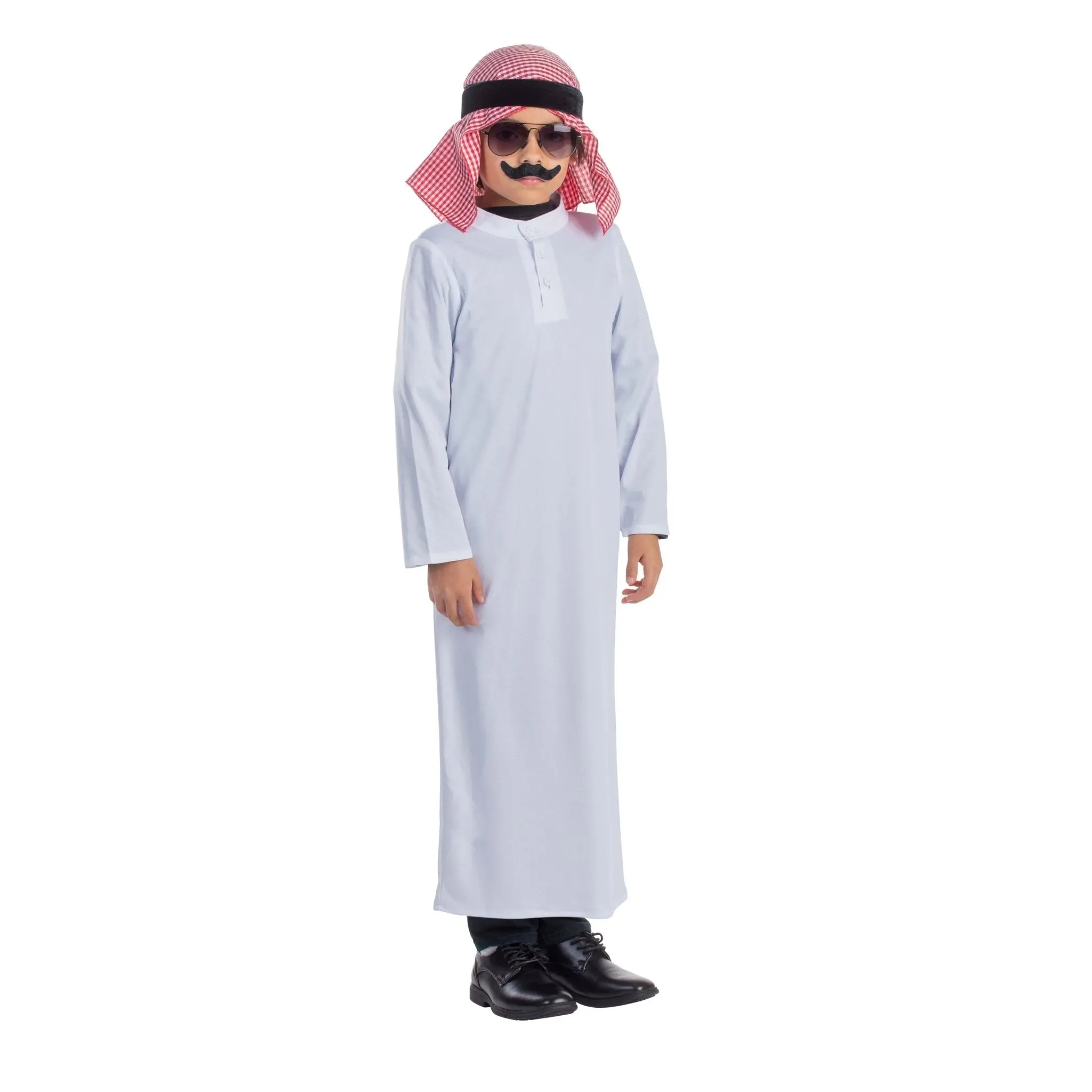 Arabian Costume Dress for Kids | White Thobe with Red Gingham Headscarf & Black Band - Perfect for Halloween, Theater, Cosplay and Theme Party