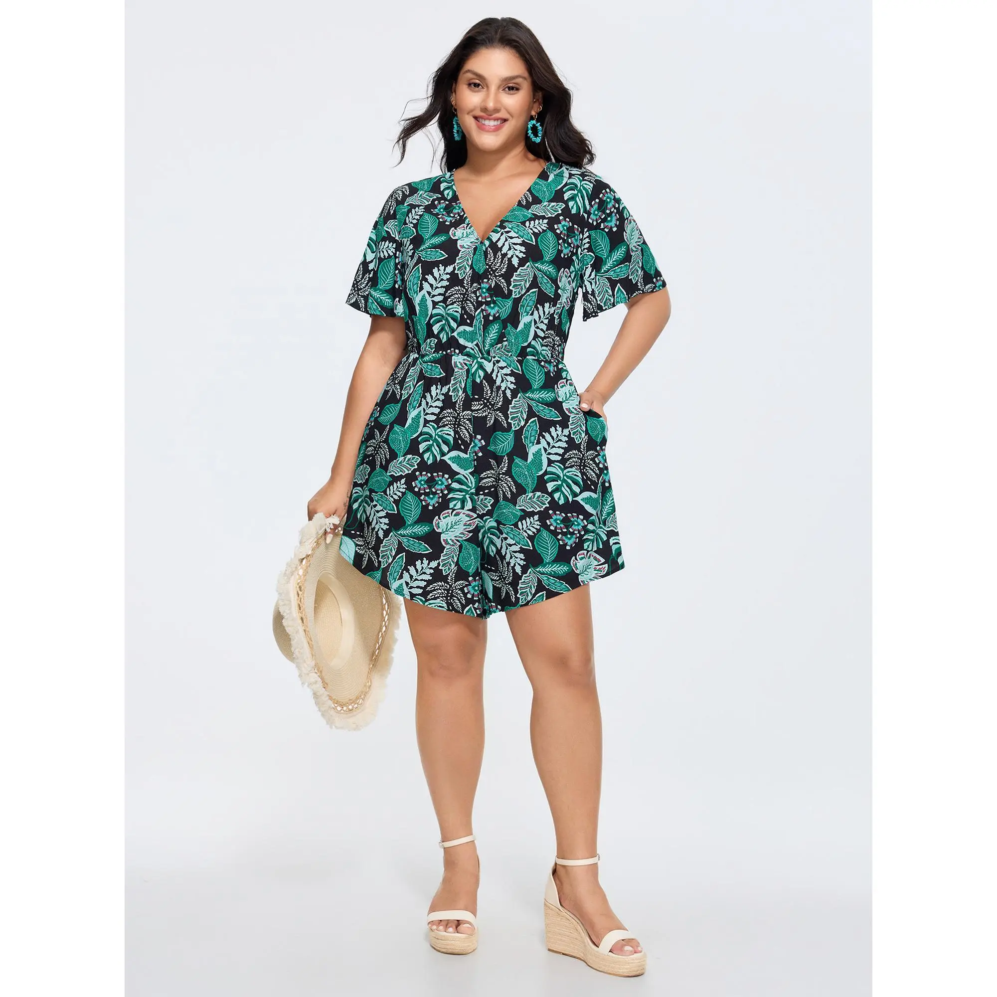 BloomChic Women's Plus Size Tropical Print Smooth Garment Fabric Low Iron Rayon Romper - Cropped Resort Wear Overalls with Cut-Out Back, Side Pockets - Summerfinds Rompers for Women, 100% Rayon, Cropped Length, Romper Overalls