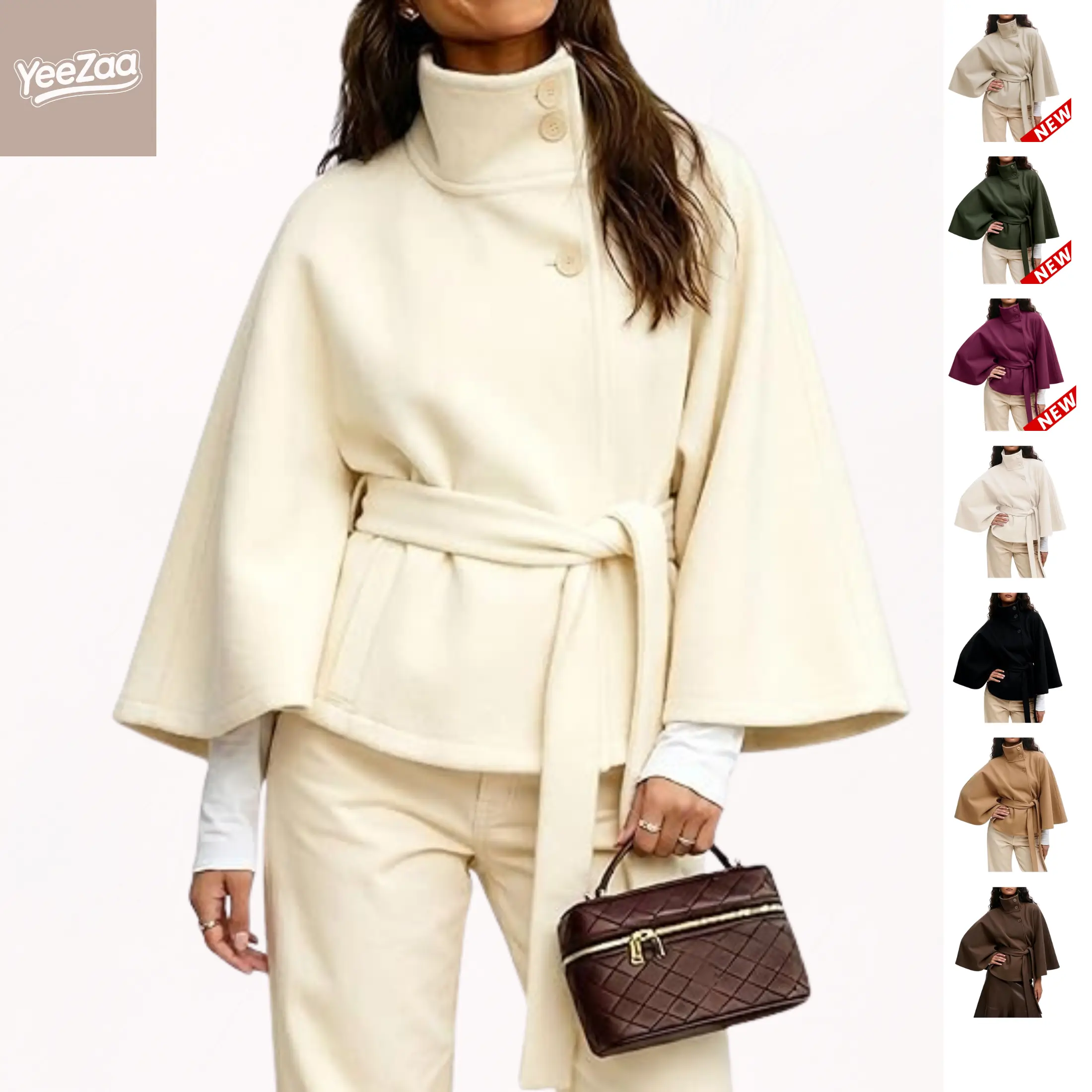 YeeZaa Poncho Pea Coat for Women Wool Blend Oversized Belted 2026 Fashion Fall Winter Elegant Stand Collar Cropped Cape Jacket Batwing Sleeve Trendy Casual  Outerwear Overcoat