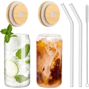 Drinking Glasses with  Lids and Glass Straw 2 count Set, 16oz Glass Cups with Lids and Straws, , Iced Coffee Glasses, Soda,  1 Cleaning Brushes