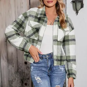 NewWomens Cropped Flannel Plaid Shacket Zip Up Shirts Jackets with Pockets Can be used with a raincoat